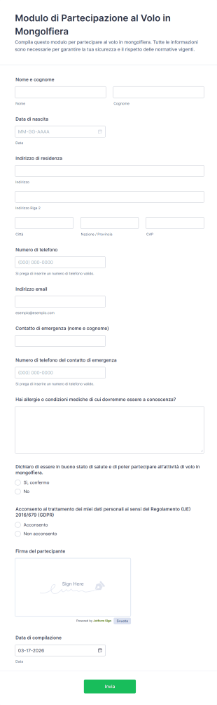 Modulo Di Partecipazione Al Volo In Mongolfiera