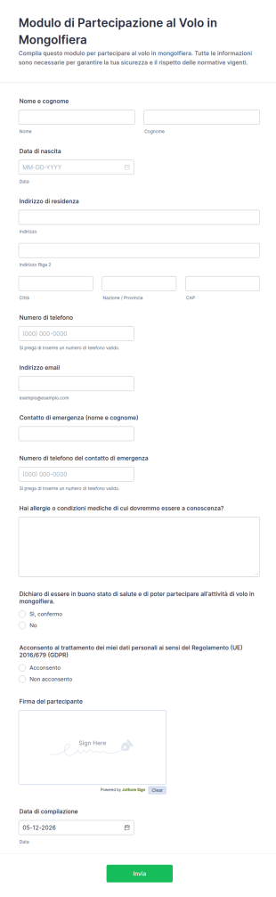 Modulo Di Partecipazione Al Volo In Mongolfiera