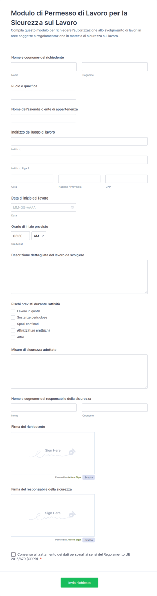 Modulo Di Permesso Di Lavoro Per La Sicurezza Sul Lavoro