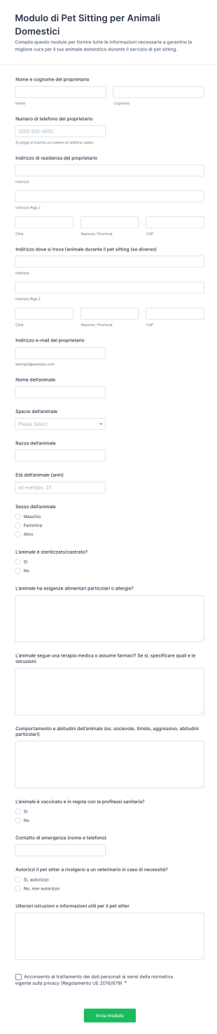 Modulo Di Pet Sitting Per Animali Domestici | Jotform
