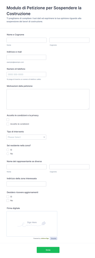 Modulo Di Petizione Per Sospendere La Costruzione