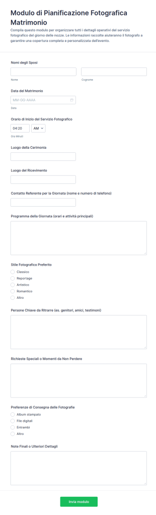 Modulo Di Pianificazione Fotografica Per Il Giorno Del Matrimonio