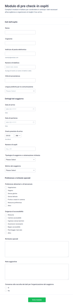 Modulo Di Pre Check In Ospiti