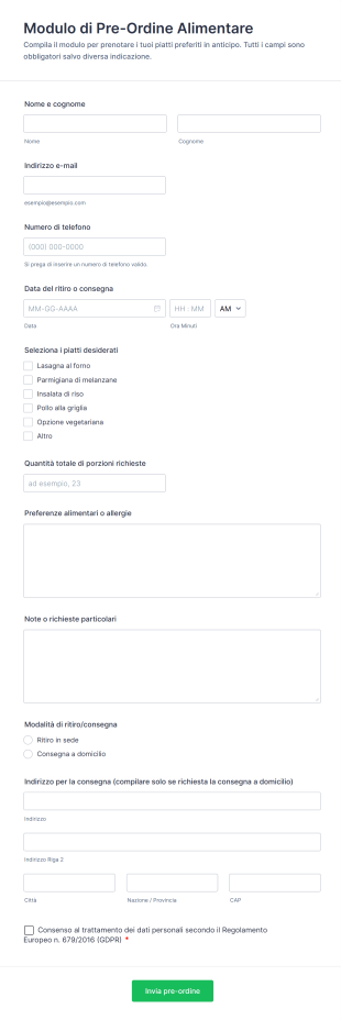 Modulo Di Pre Ordine Alimentare