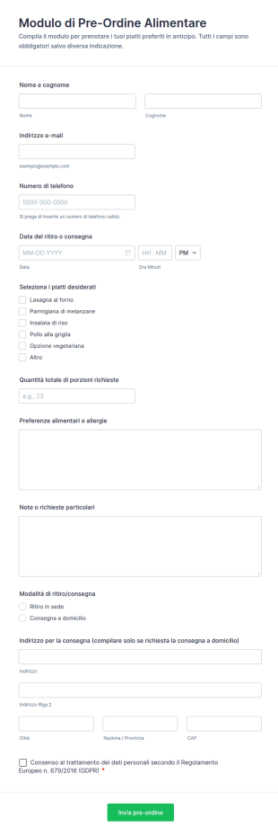 Modulo Di Pre Ordine Alimentare