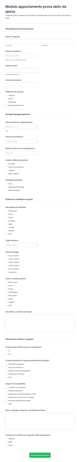 Modulo Di Prenotazione Abito Da Sposa