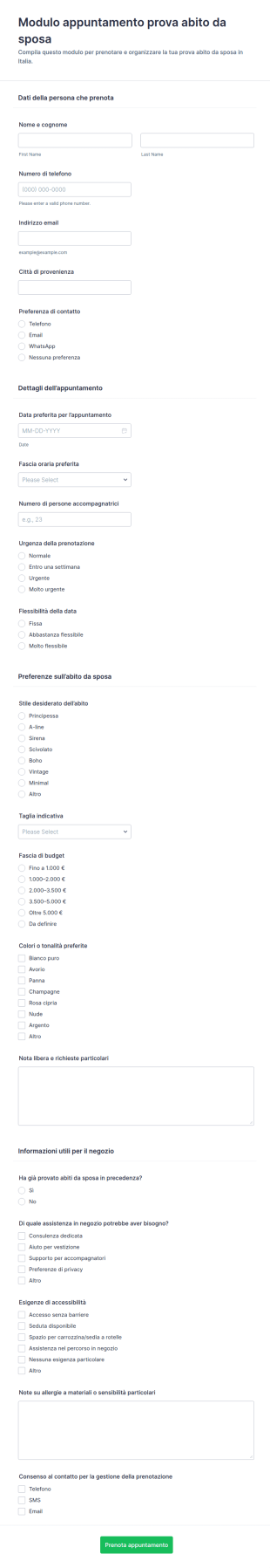 Modulo Di Prenotazione Abito Da Sposa
