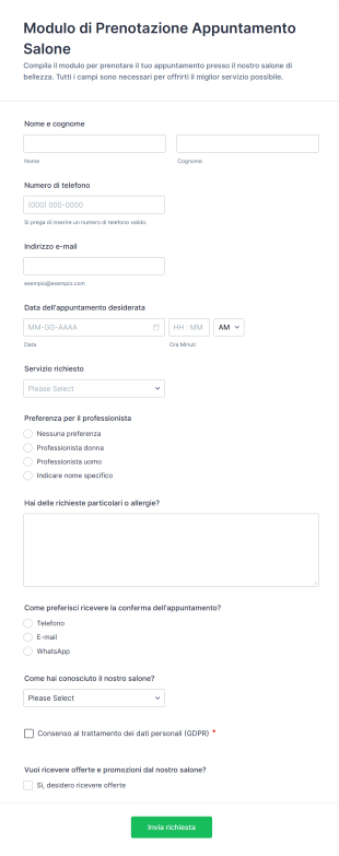 Modulo Di Prenotazione Appuntamento Salone