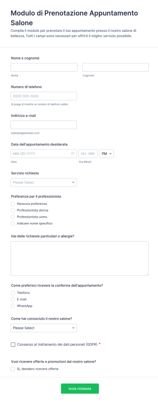 Modulo Di Prenotazione Appuntamento Salone
