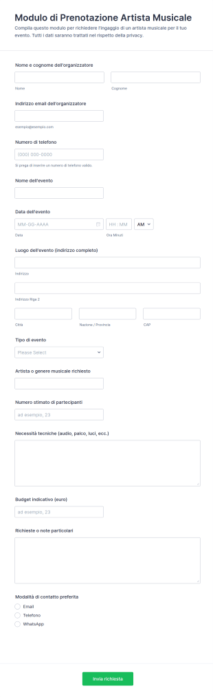 Modulo Di Prenotazione Artista Musicale 🎶