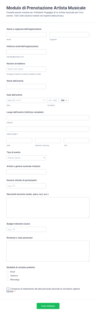 Modulo Di Prenotazione Artista Musicale 🎶