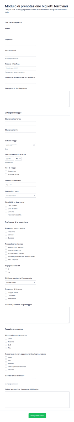 Modulo Di Prenotazione Biglietti Del Treno