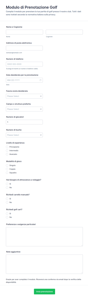 Modulo Di Prenotazione Campo Da Golf