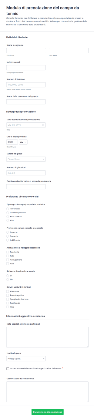 Modulo Di Prenotazione Campo Da Tennis