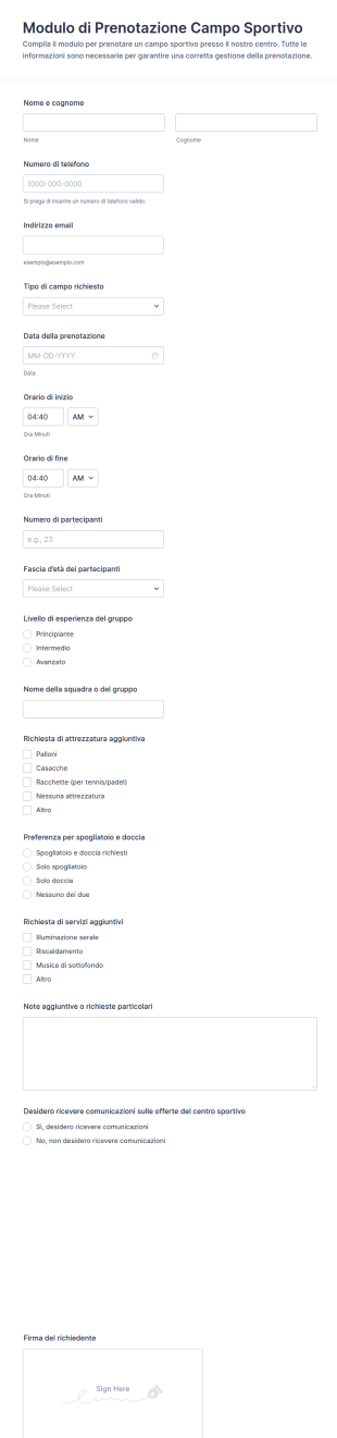 Modulo Di Prenotazione Campo Sportivo