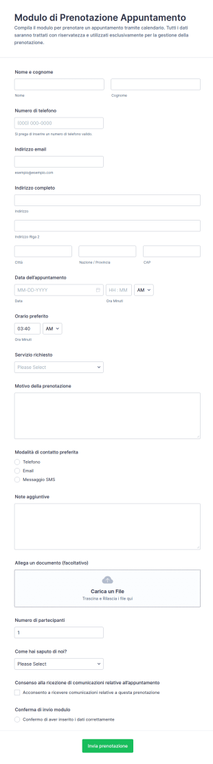 Modulo Di Prenotazione Con Calendario