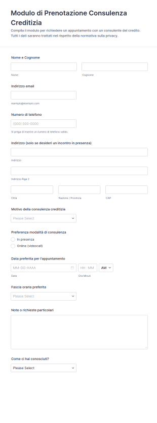 Modulo Di Prenotazione Consulenza Creditizia