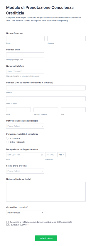 Modulo Di Prenotazione Consulenza Creditizia