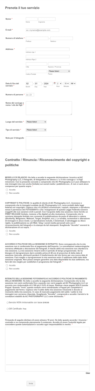 Modulo Di Prenotazione Del Servizio Fotografico
