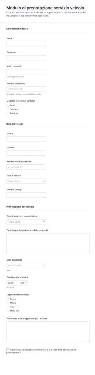 Modulo Di Prenotazione Del Servizio Veicolare