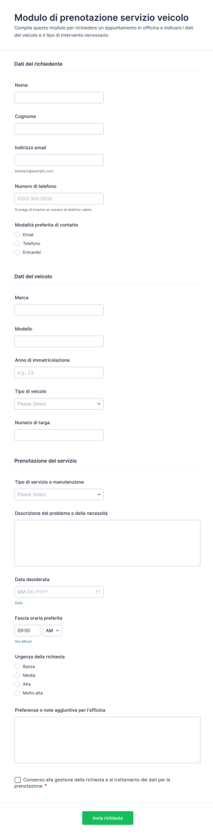 Modulo Di Prenotazione Del Servizio Veicolare