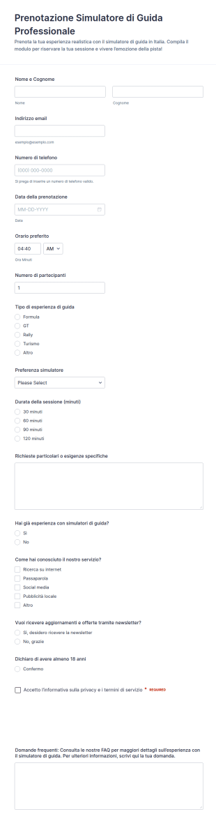 Modulo Di Prenotazione Del Simulatore Di Corse