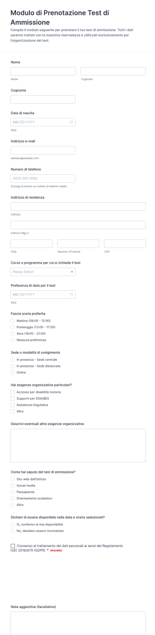 Modulo Di Prenotazione Del Test Di Ammissione