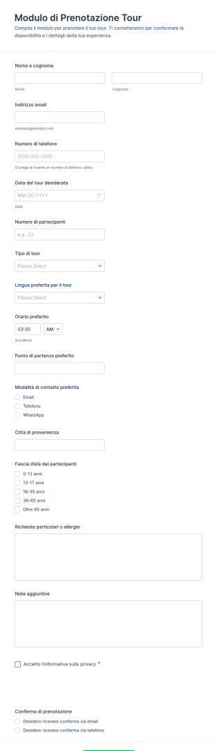 Modulo Di Prenotazione Del Tour