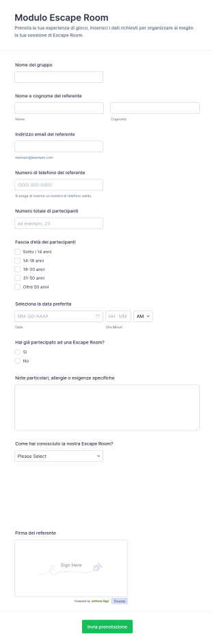 Modulo Di Prenotazione Escape Room