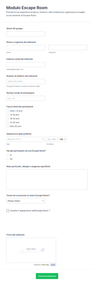 Modulo Di Prenotazione Escape Room