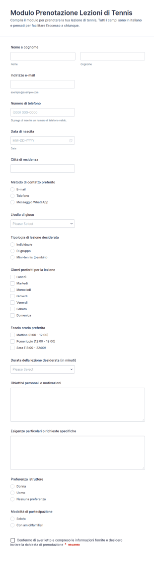 Modulo Di Prenotazione Lezione Di Tennis