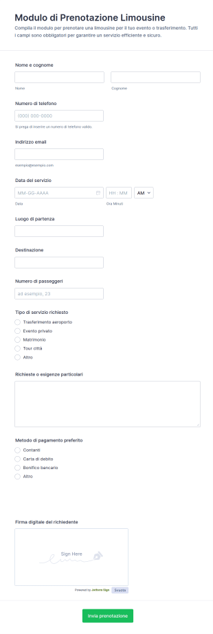 Modulo Di Prenotazione Limousine 🚖
