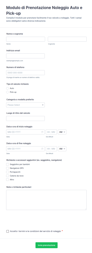 Modulo Di Prenotazione Noleggio Auto E Furgoni