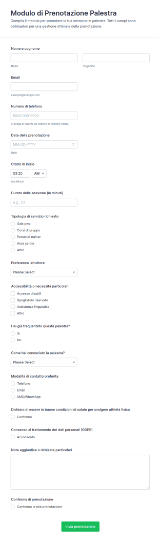Modulo Di Prenotazione Palestra