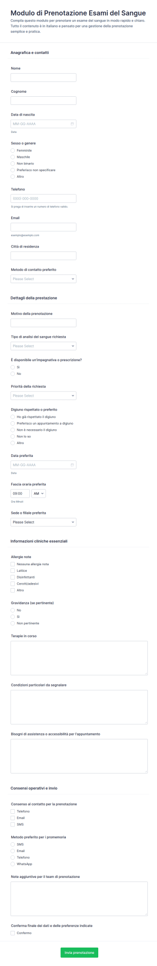 Modulo Di Prenotazione Per Esami Del Sangue