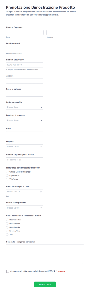 Modulo Di Prenotazione Per La Demo Di Prodotto
