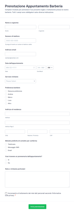 Modulo Di Prenotazione Per Parrucchiere