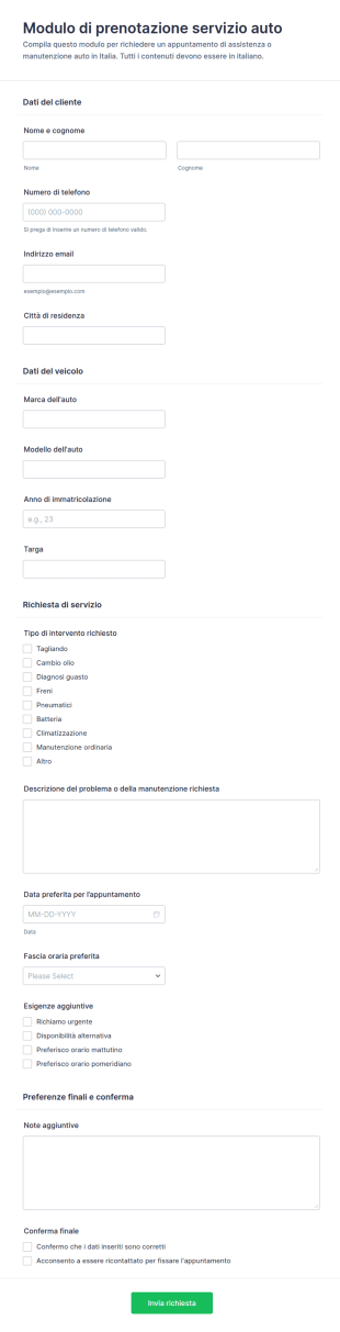 Modulo Di Prenotazione Servizio Auto