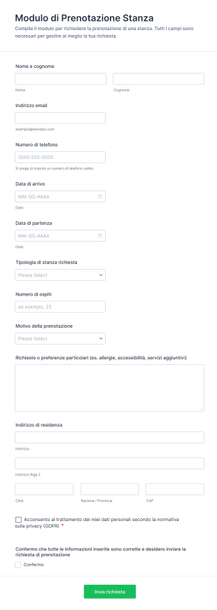 Modulo Di Prenotazione Stanza