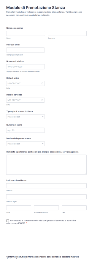 Modulo Di Prenotazione Stanza
