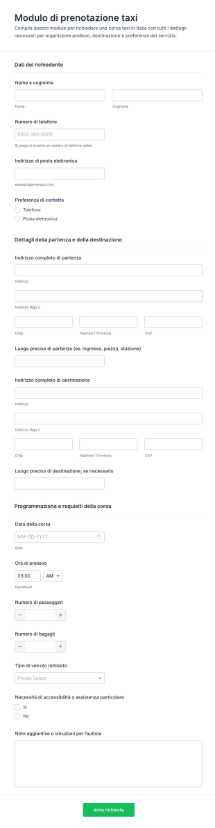 Modulo Di Prenotazione Taxi