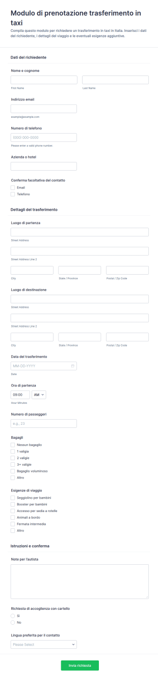 Modulo Di Prenotazione Trasferimento CAB