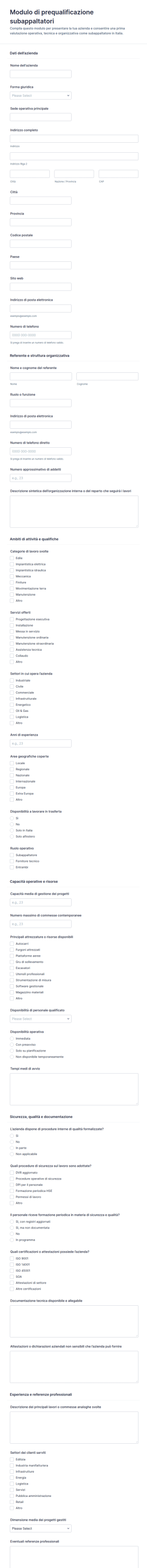Modulo Di Prequalificazione Per Subappaltatori