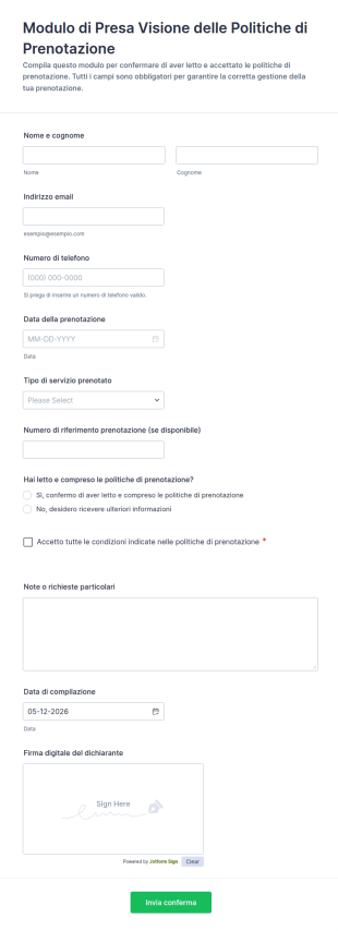 Modulo Di Presa Visione Delle Politiche Di Prenotazione