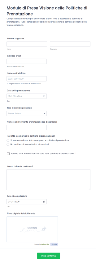 Modulo Di Presa Visione Delle Politiche Di Prenotazione