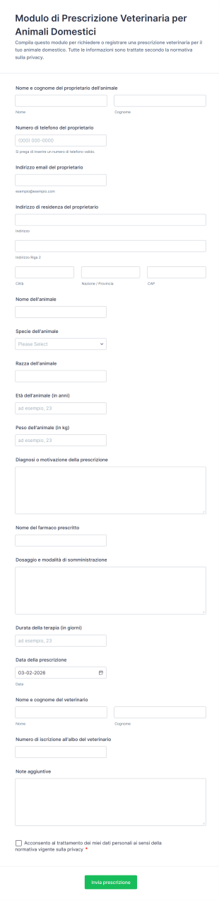 Modulo Di Prescrizione Veterinaria Per Animali Domestici