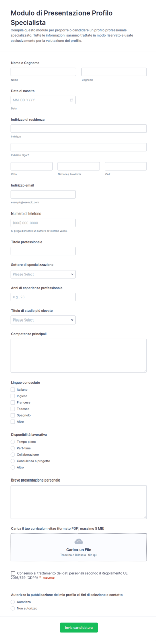 Modulo Di Presentazione Del Profilo Specialistico