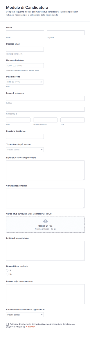 Modulo Di Presentazione Della Candidatura