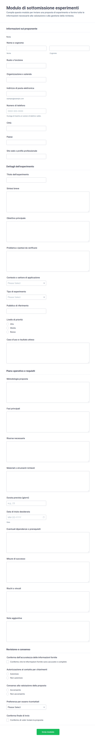 Modulo Di Presentazione Dell’Esperimento