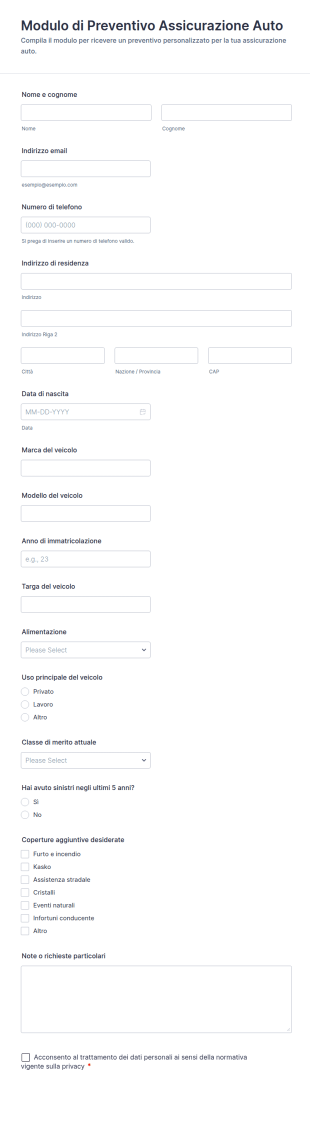 Modulo Di Preventivo Assicurazione Auto